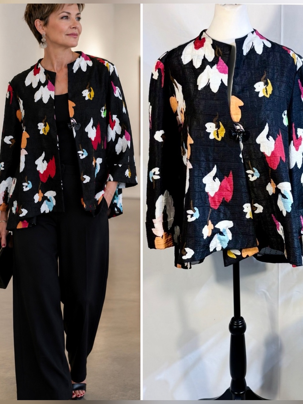 IC by Connie K Crinkle Textured Floral Swing Jacket 3/4 Cuff Sleeve Jacket~XXL🧡